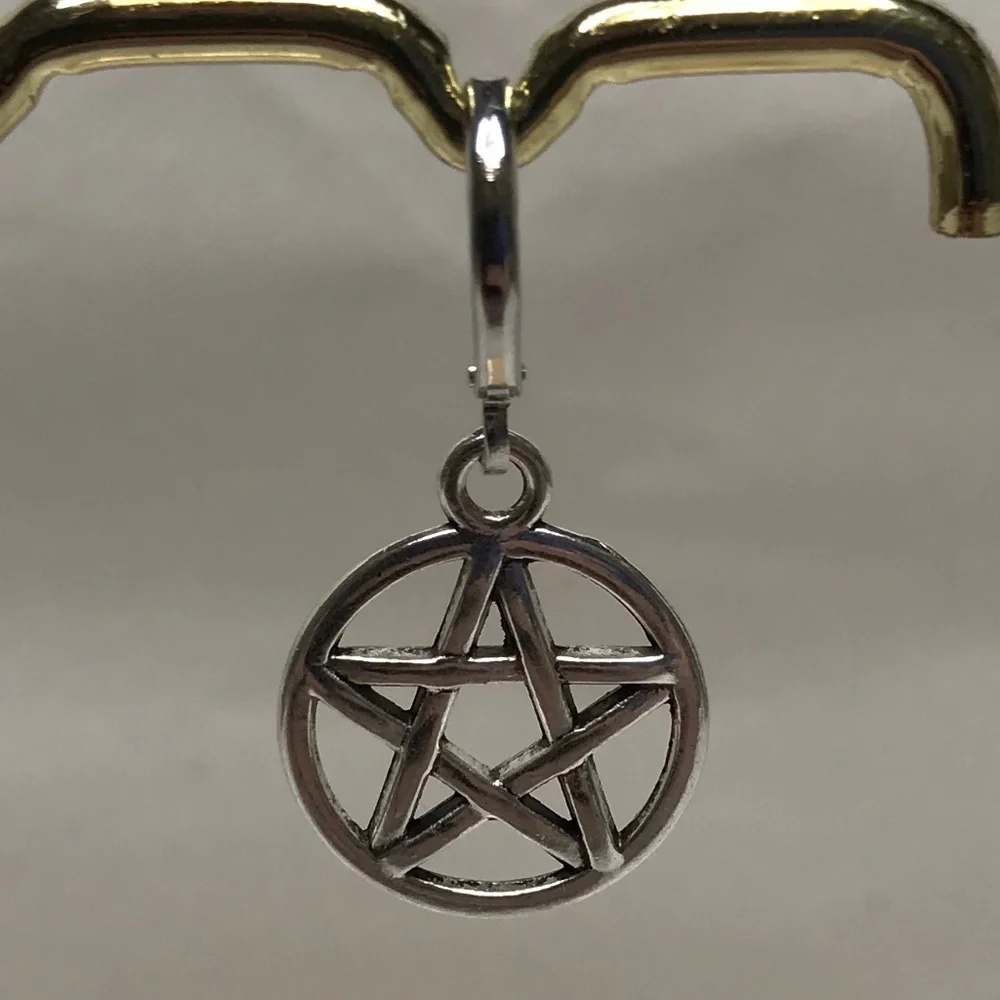 Gothic Pagan Silver Pentagram Pentacle Handmade Hoop Earrings, Encircled Stars - Picture 4 of 12